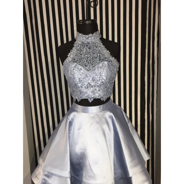 Cute Two Pieces A-line Halter Satin Lace Homecoming Dresses - YESBABYONLINE