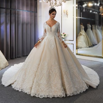 Long Sleeve Sweetheart Appliques Lace A-Line Ruffles Floor-length Wedding Dress - YESBABYONLINE