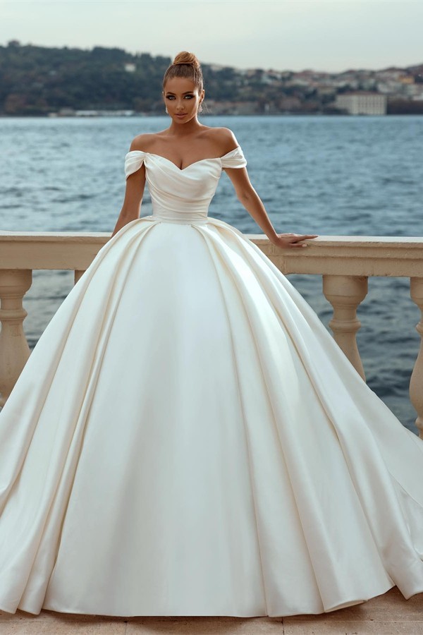 Elegant Long Off the Shoulder Satin Ball Gown Wedding Dress - YESBABYONLINE