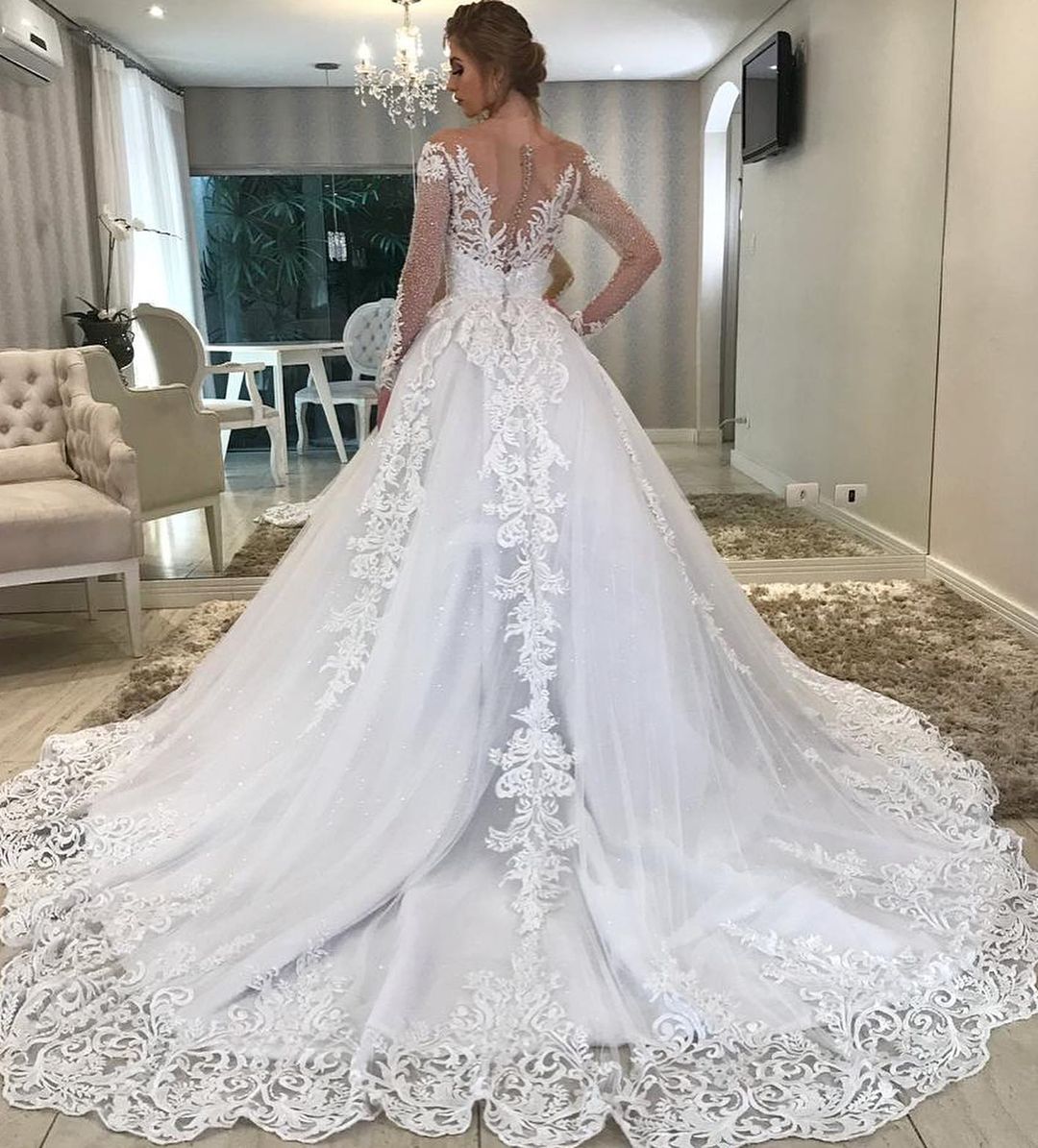 Long A line Sweetheart Off the Shoulder Appliques Lace Wedding Dress with Sleeves - YESBABYONLINE