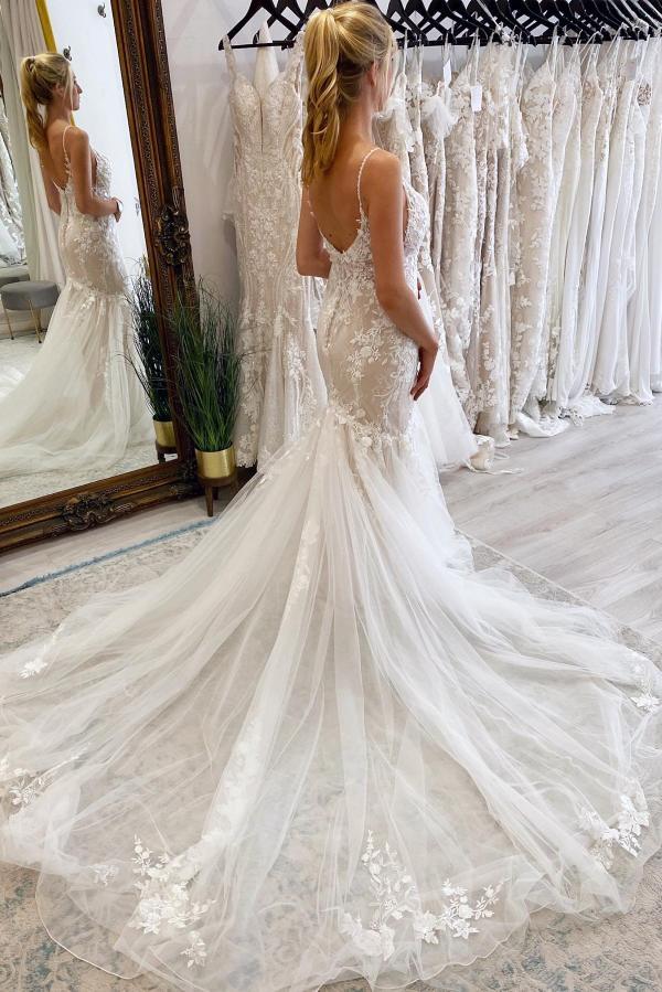 Elegant Long Spaghetti Strap Mermaid Sweetheart Tulle Backless Wedding Dress with Appliques - YESBABYONLINE