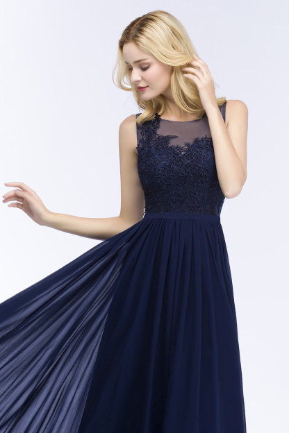 Long A line Appliques Lace Scoop Sleeveless Floor Length Bridesmaid Dresses - YESBABYONLINE