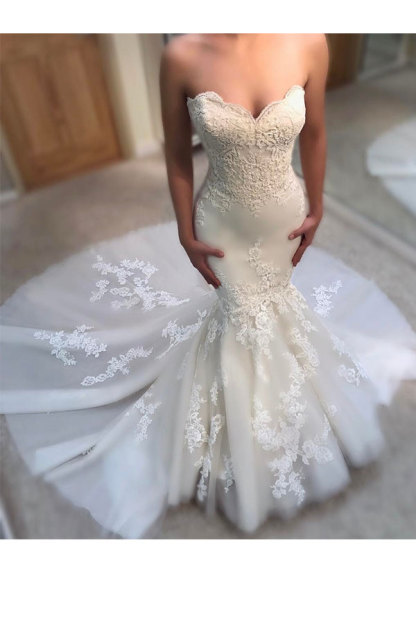 Glamorous Long Mermaid Sweetheart Tulle Lace Wedding Dresses - YESBABYONLINE