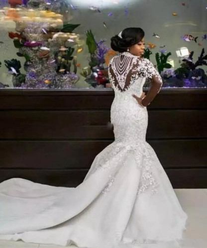 Long Mermaid High Neck Tulle Beaded Lace Appliques Wedding Dress with Sleeves - YESBABYONLINE