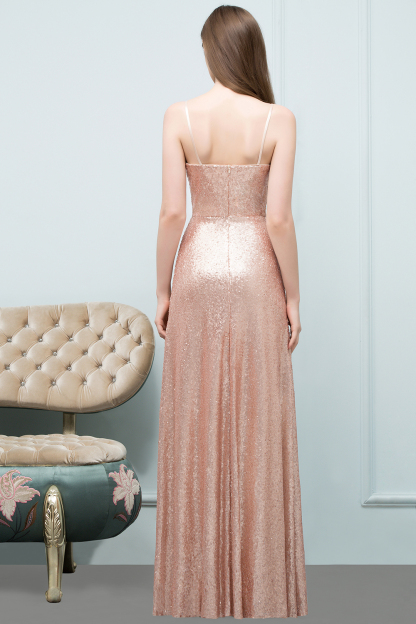 Long A line Sequined V Neck Spaghetti Straps Sleeveless Floor Length Bridesmaid Dress - YESBABYONLINE