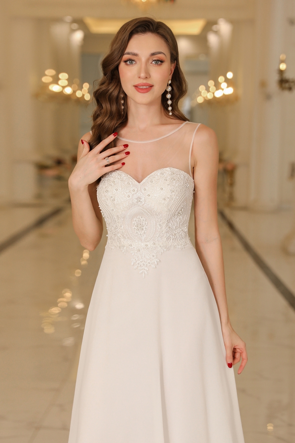 Elegant Long A-Line Lace Chiffon Floor Length Sleeveless Prom Dresses - YESBABYONLINE
