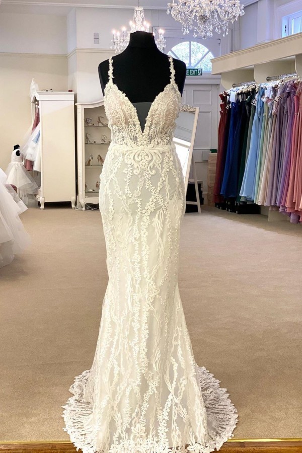 Long Mermaid V-neck Spaghetti Straps Backless Lace Wedding Dress with Detachable Train - YESBABYONLINE