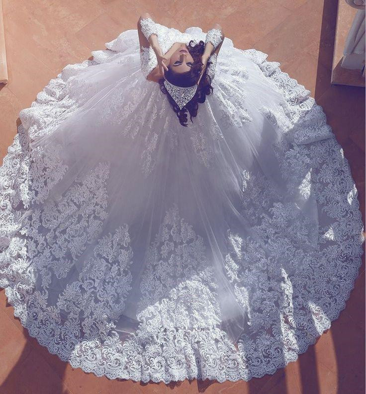 Chic Long Ball Gown V-neck Tulle Lace Wedding Dress with Sleeves - YESBABYONLINE