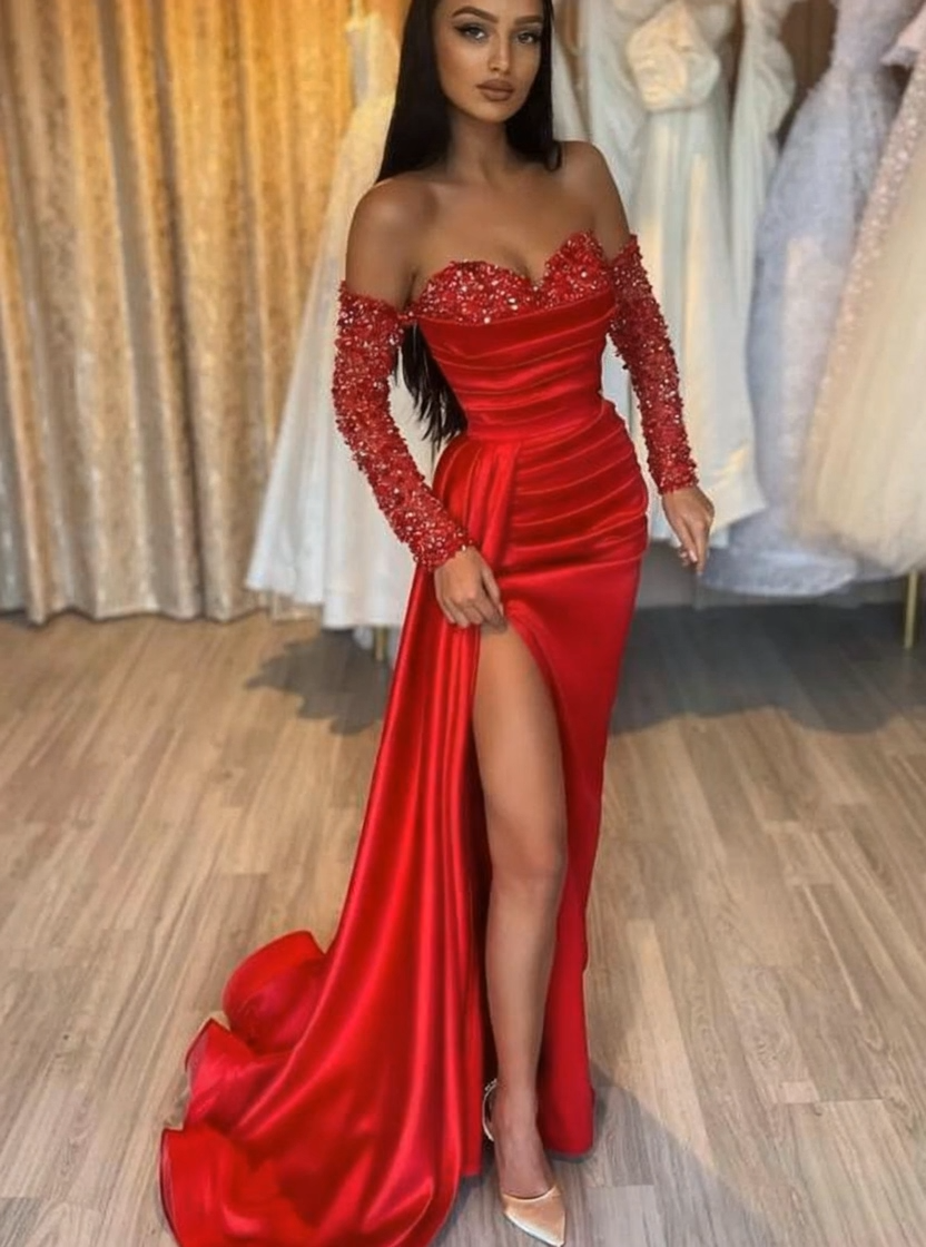 Charming Red Long Sleeves Sweetheart Mermaid Satin Prom Dresses with Split