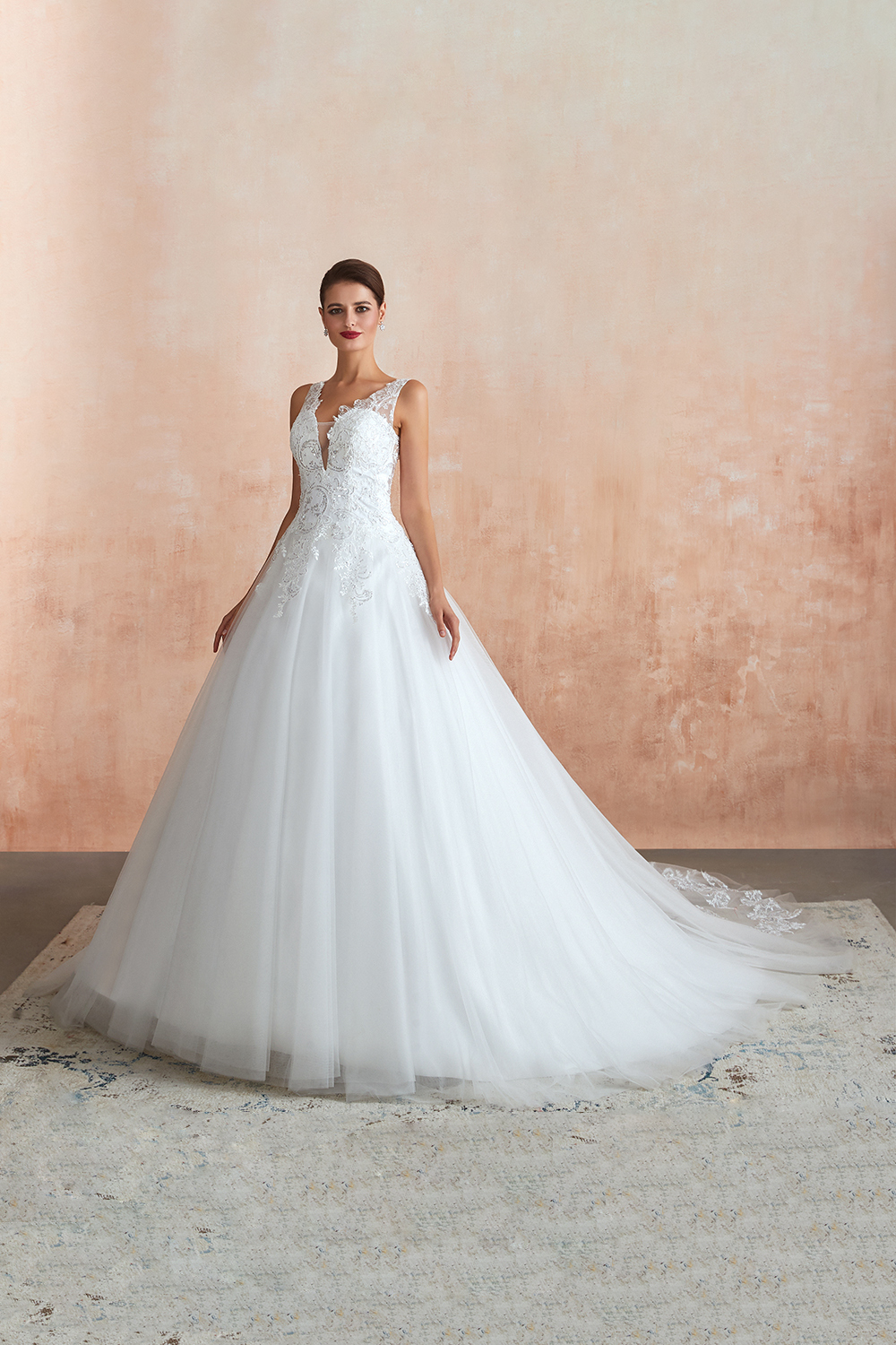 Long A-line V-neck Floor Length Lace Tulle Wedding Dresses - YESBABYONLINE