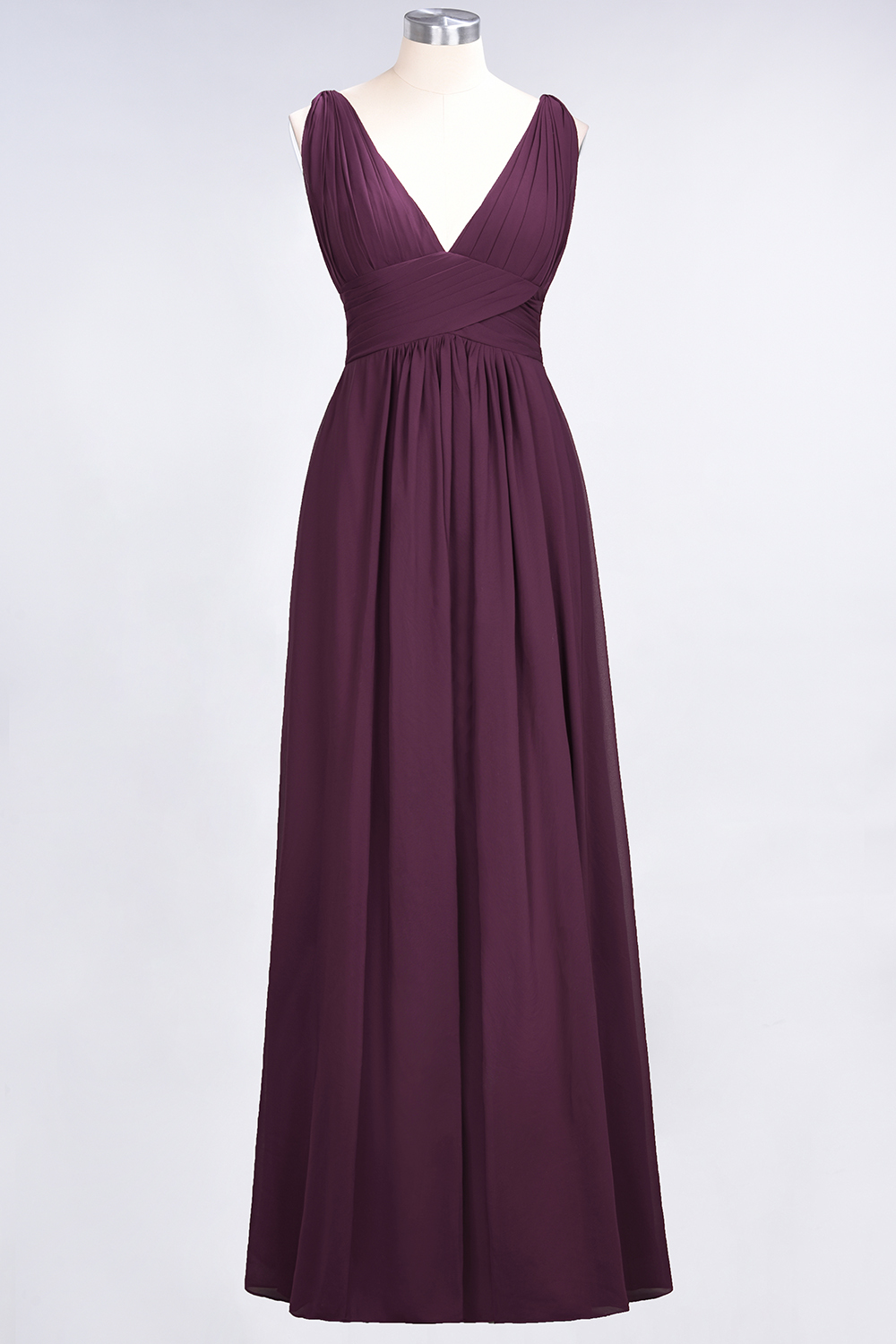 Long A Line V Neck Sleeveless Floor Length Bridesmaid Dress with Ruffle - YESBABYONLINE
