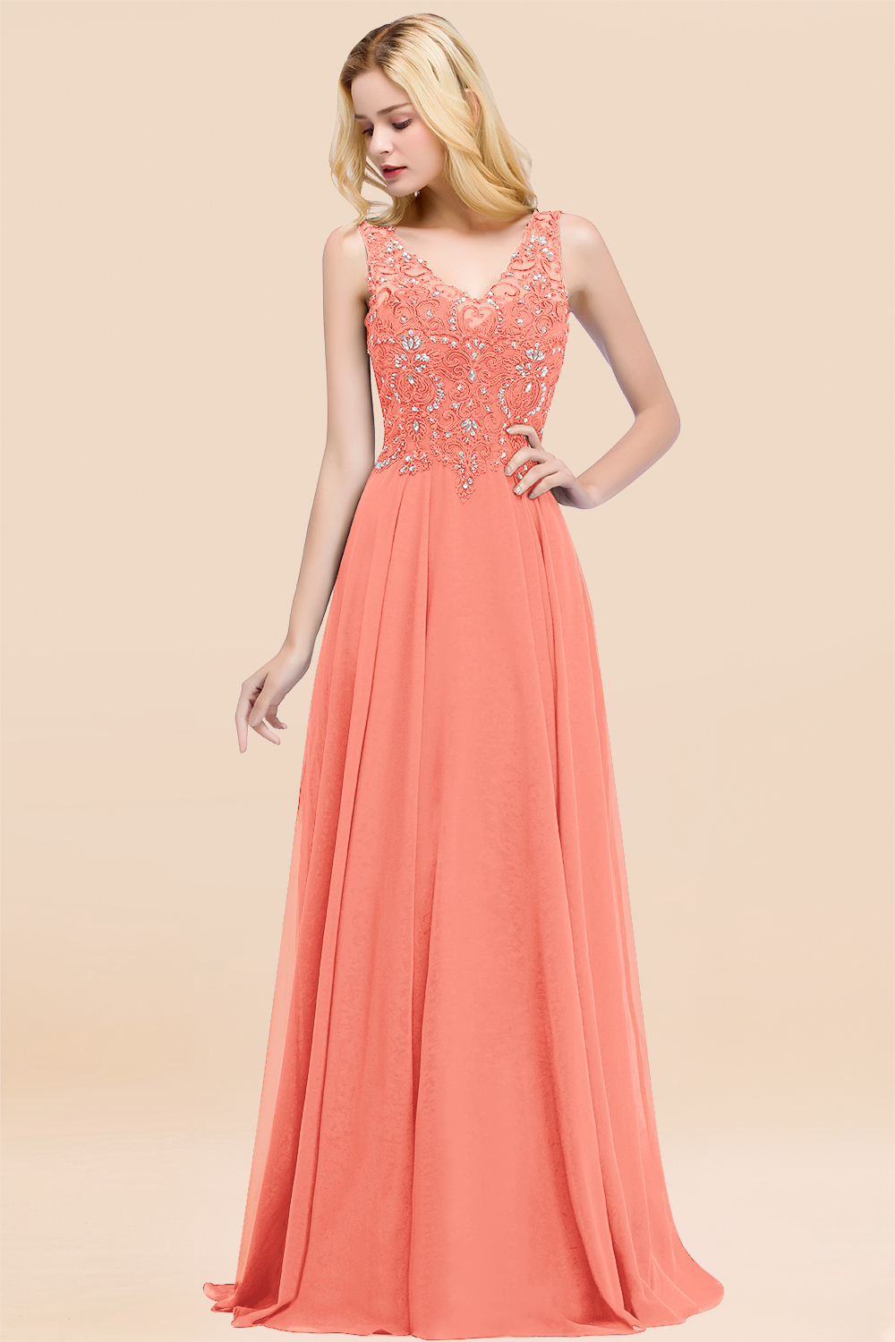 Long A-line Straps V Neck Applique Lace Floor Length Chiffon Bridesmaid Dresses - YESBABYONLINE