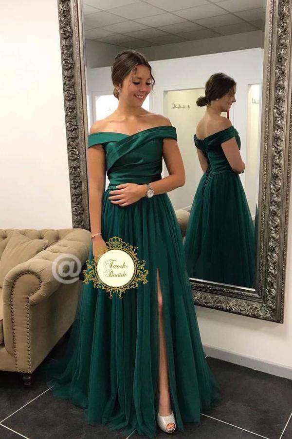 Elegant Long Off-the-shoulder A-line Floor-length Satin Prom Dress With Split - YESBABYONLINE