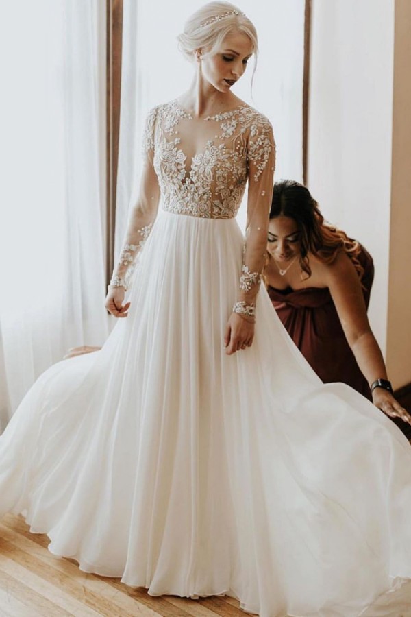 Simple Long Lace Tulle A Line Chiffon Wedding Dresses with Sleeves - YESBABYONLINE