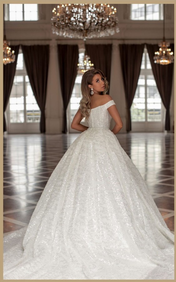 Long Ball Gowns Off the shoulder Glitter Tulle Wedding Dresses - YESBABYONLINE