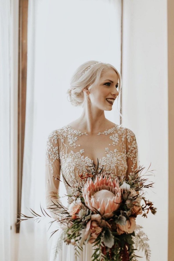 Simple Long Lace Tulle A Line Chiffon Wedding Dresses with Sleeves - YESBABYONLINE