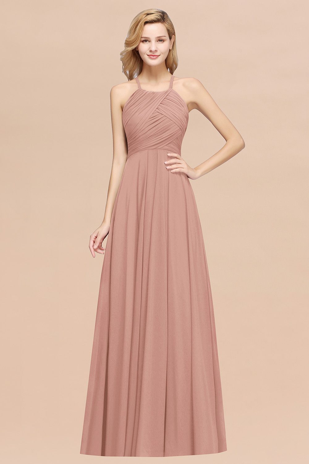 Long A-Line Halter Ruffles Floor-Length Chiffon Bridesmaid Dress - YESBABYONLINE