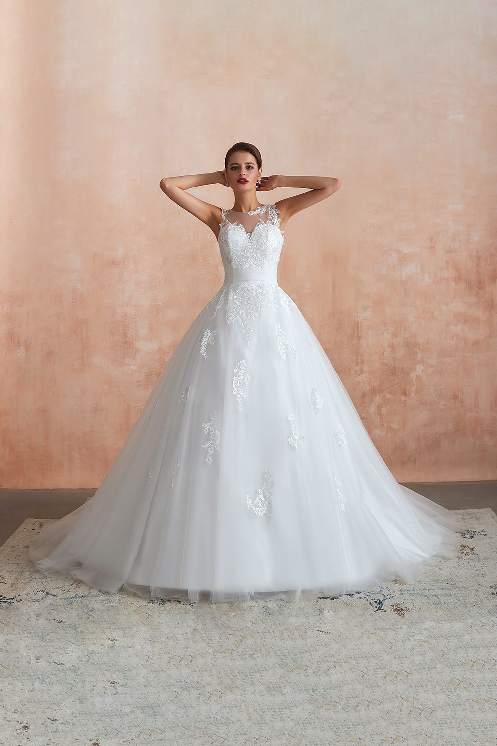 Long A-line Tulle Lace Floor Length Bateau Sleeveless Wedding Dresses - YESBABYONLINE