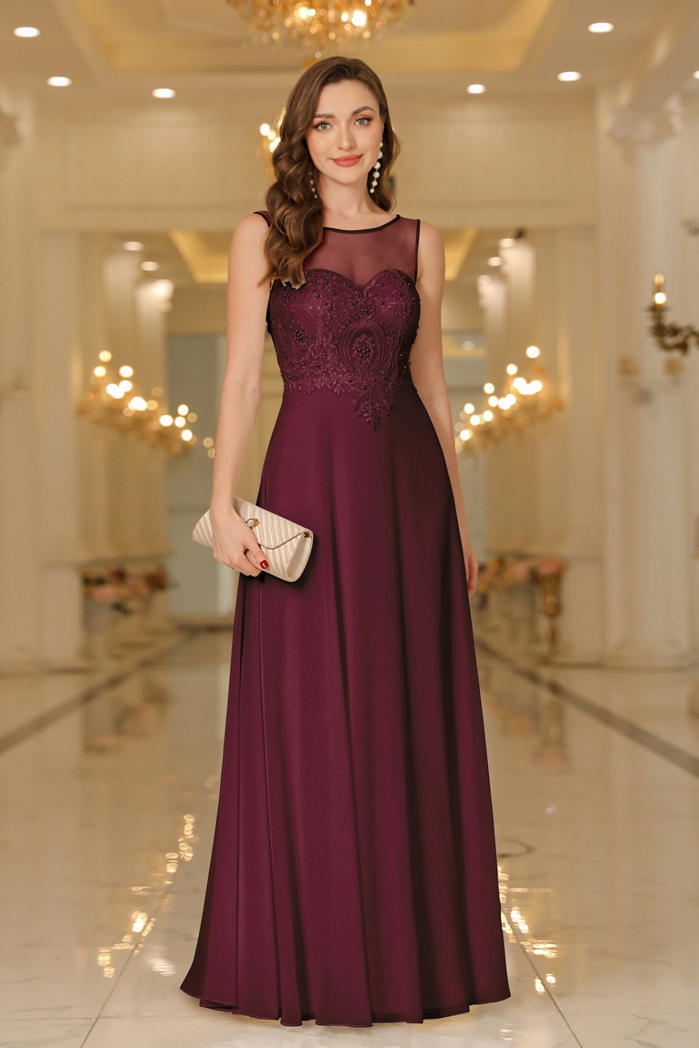 Elegant Long A-Line Lace Chiffon Floor Length Sleeveless Prom Dresses - YESBABYONLINE
