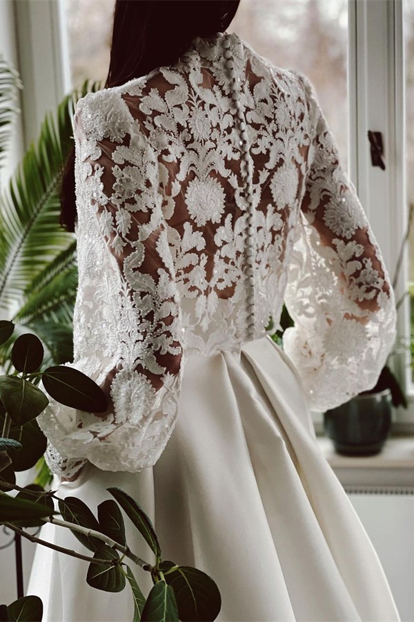 Long Sleeves High Neck A Line Satin Appliques Lace Wedding Dress with Pockets - YESBABYONLINE