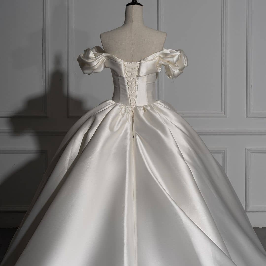 Charming Long Off the Shoulder Sweetheart Satin Ball Gown Wedding Dress with Ruffles - YESBABYONLINE
