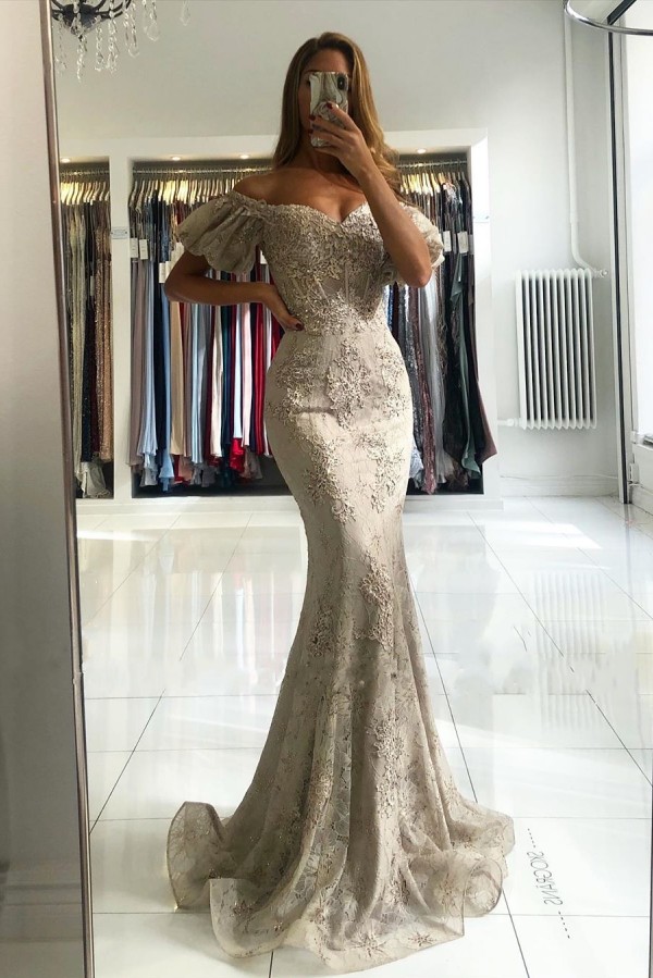 Elegant Long Off-the-shoulder Appliques Lace Backless Mermaid Evening Prom Dress - YESBABYONLINE