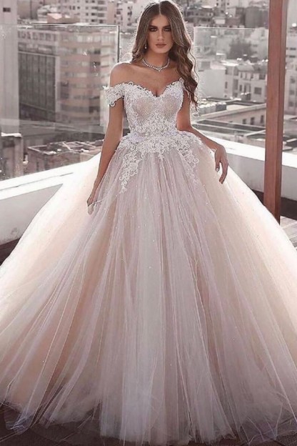 Long Ball Gown Off the Shoulder Floor Length Lace Tulle Wedding Dresses - YESBABYONLINE