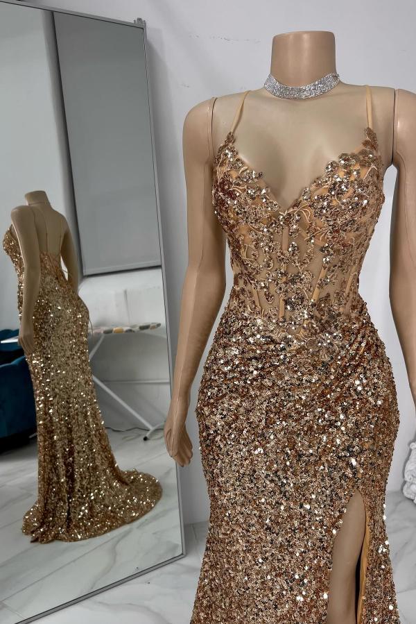 Spaghetti Straps V Neck Backless Mermaid Long Prom Dress with Sequins and Rhinestones