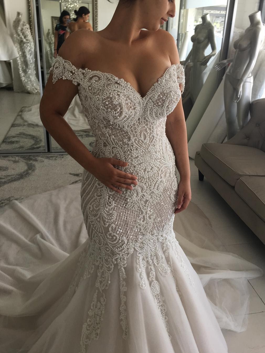 Glamorous Long Off the Shoulder Tulle Beaded Backless Mermaid Wedding Dresses - YESBABYONLINE