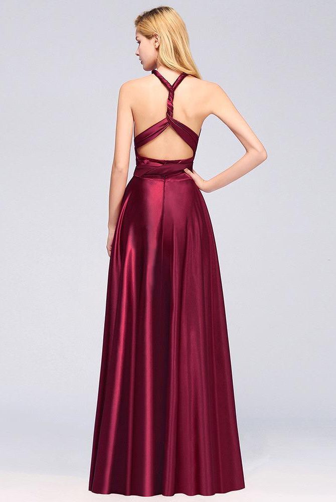Elegant Long Burgundy Satin One Shoulder Bridesmaid Dresses - YESBABYONLINE