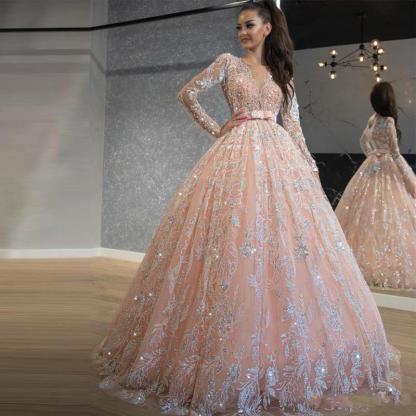 Pink Long Sleeves Ball Gown V-neck Applique Lace Tulle Wedding Dresses - YESBABYONLINE