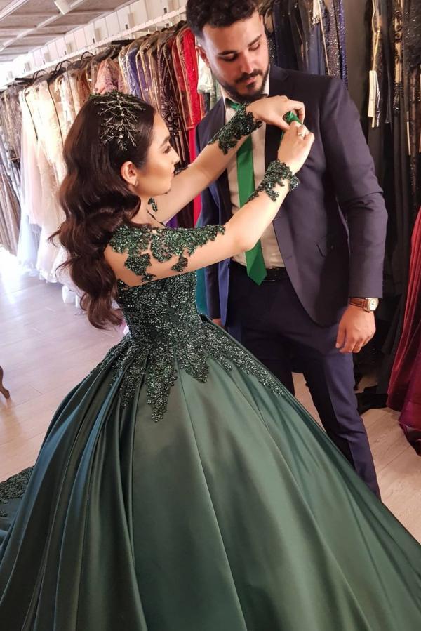 Gorgeous Long Sleeve Ball Gown Sweetheart Appliques Lace Satin Prom Dress - YESBABYONLINE