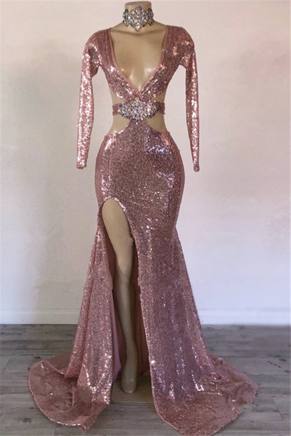Glamorous Long Sleeves Sequins V-Neck Mermaid Prom Dresses with Side Slit - YESBABYONLINE