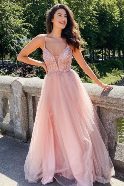 Elegant Long Spaghetti Straps V-Neck Tulle A-line Prom Dress With Lace-up Back - YESBABYONLINE