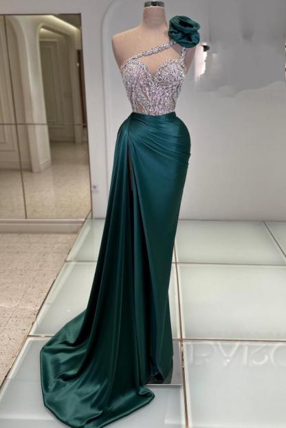 Fabulous Long One Shoulder Sleeveless Mermaid Satin Prom Dresses with Split Front - YESBABYONLINE