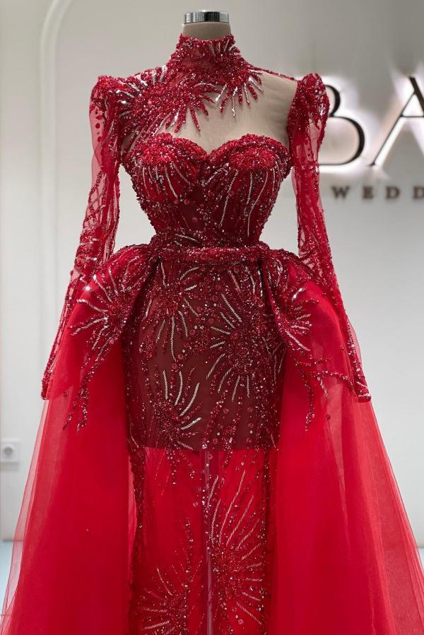 High Neck Long Sleeve Red Mermaid Appliques Prom Dress with Detachable Train