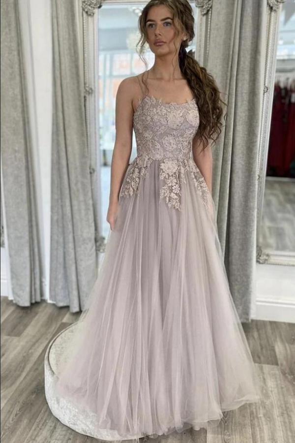 Elegant Long Spaghetti Straps Appliques Lace Tulle A-line Backless Prom Dress - YESBABYONLINE