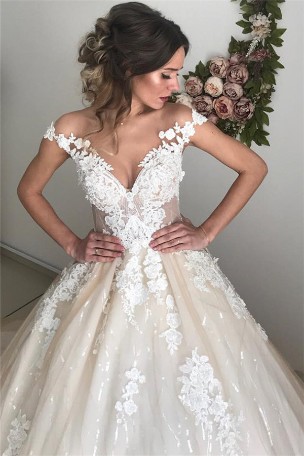 Long Ball Gown Off-the-Shoulder Tulle Lace Backless Wedding Dresses - YESBABYONLINE
