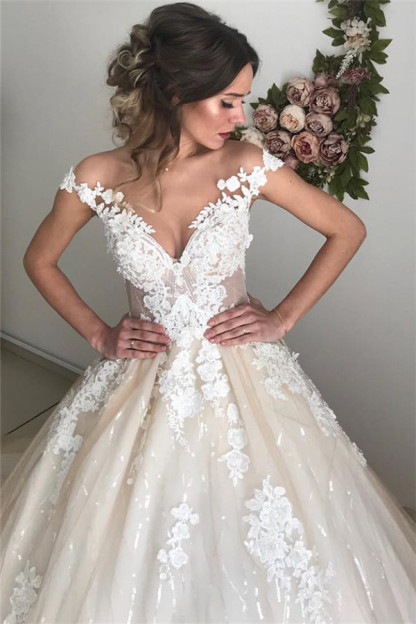 Long Ball Gown Off-the-Shoulder Tulle Lace Backless Wedding Dresses - YESBABYONLINE