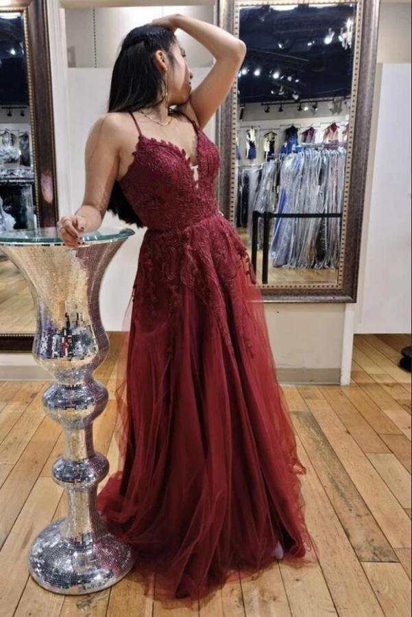 Long A-line V-neck Spaghetti Straps Tulle Lace Open Back Prom Dresses - YESBABYONLINE
