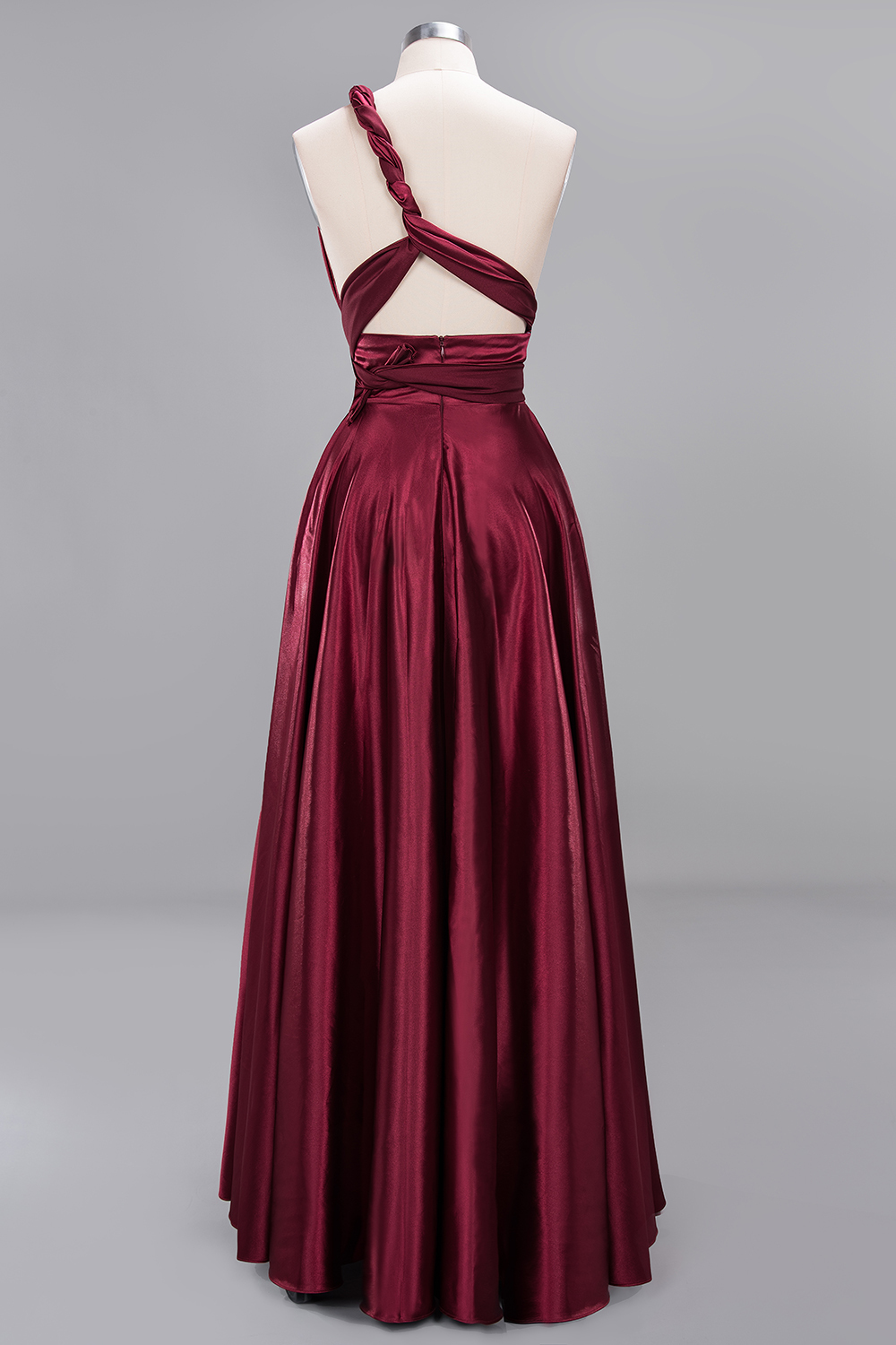 Elegant Long Burgundy Satin One Shoulder Bridesmaid Dresses - YESBABYONLINE