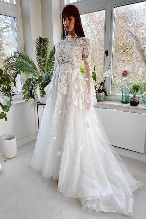 Elegant Long A line High Neck Tulle Lace Backless Wedding Dress with Sleeves - YESBABYONLINE