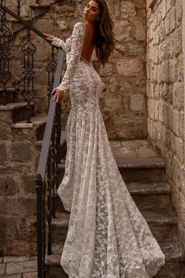 Long Sleeves Mermaid Sweetheart Floor Length Lace Open Back Wedding Dress - YESBABYONLINE