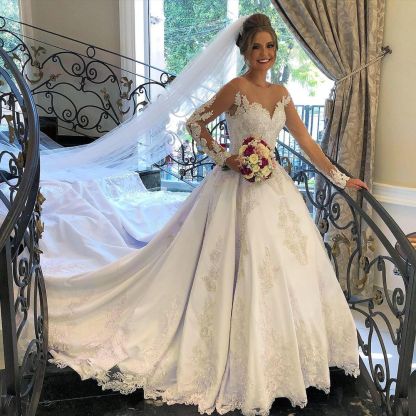 Long Sleeves A-Line Sweetheart Ruffles Wedding Dress with Appliques Lace - YESBABYONLINE