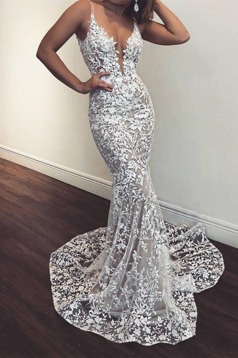 Long Mermaid Spaghetti Straps V-neck Lace Prom Dresses - YESBABYONLINE
