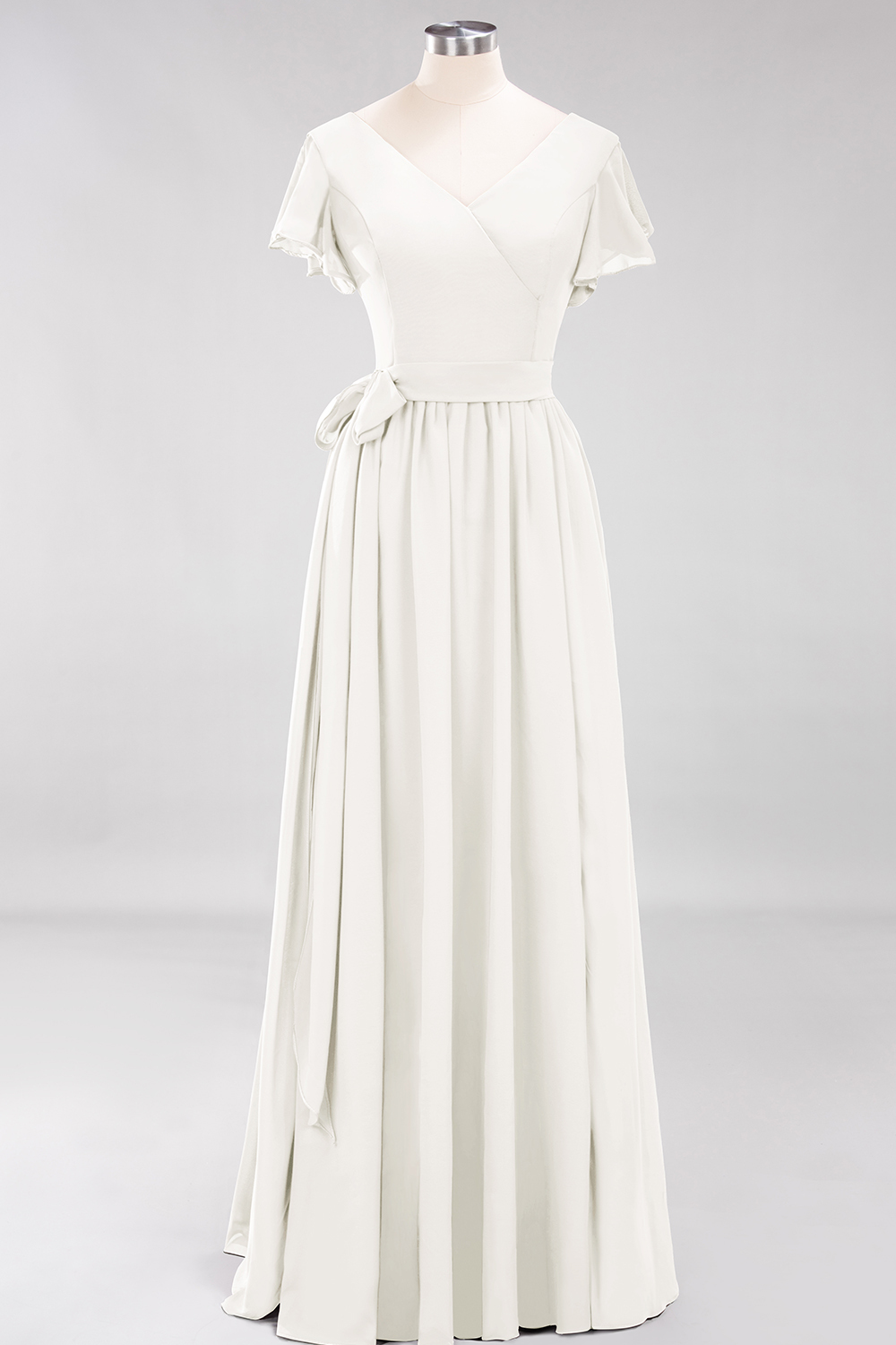 Elegant A-line V-Neck Short Sleeves Floor-Length Bridesmaid Dresses with Bow Sash - YESBABYONLINE