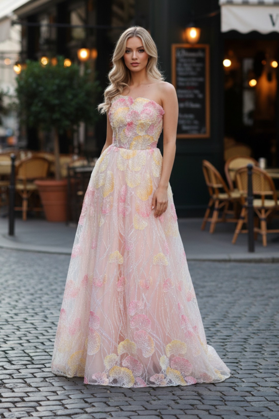 A-line Appliques Embroidery Strapless Prom Dress