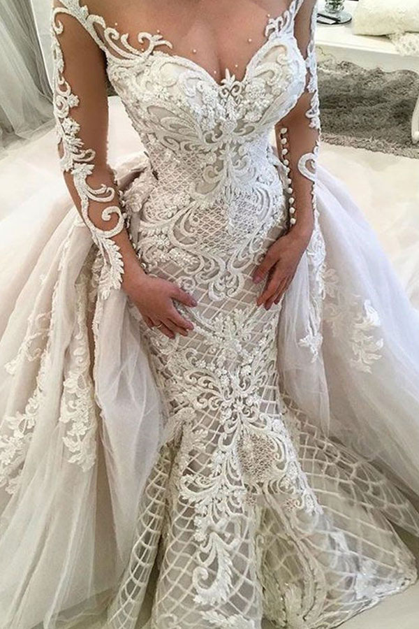Glamorous Long Sleeves Mermaid Sweetheart Tulle Lace Wedding Dresses - YESBABYONLINE