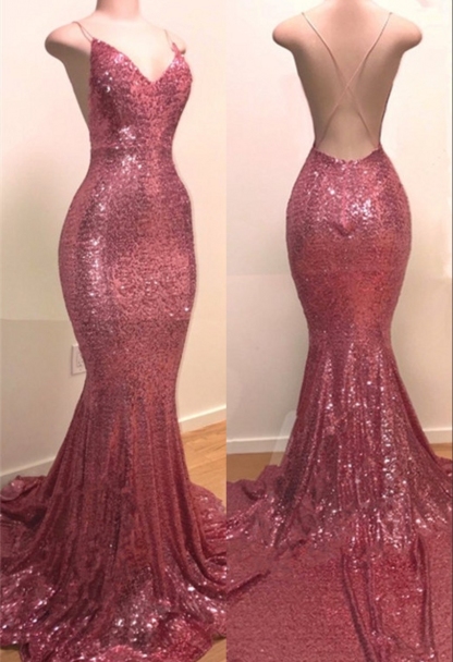 Long Mermaid Sequins V-neck Sleeveless Spaghetti Backless Prom Dresses - YESBABYONLINE