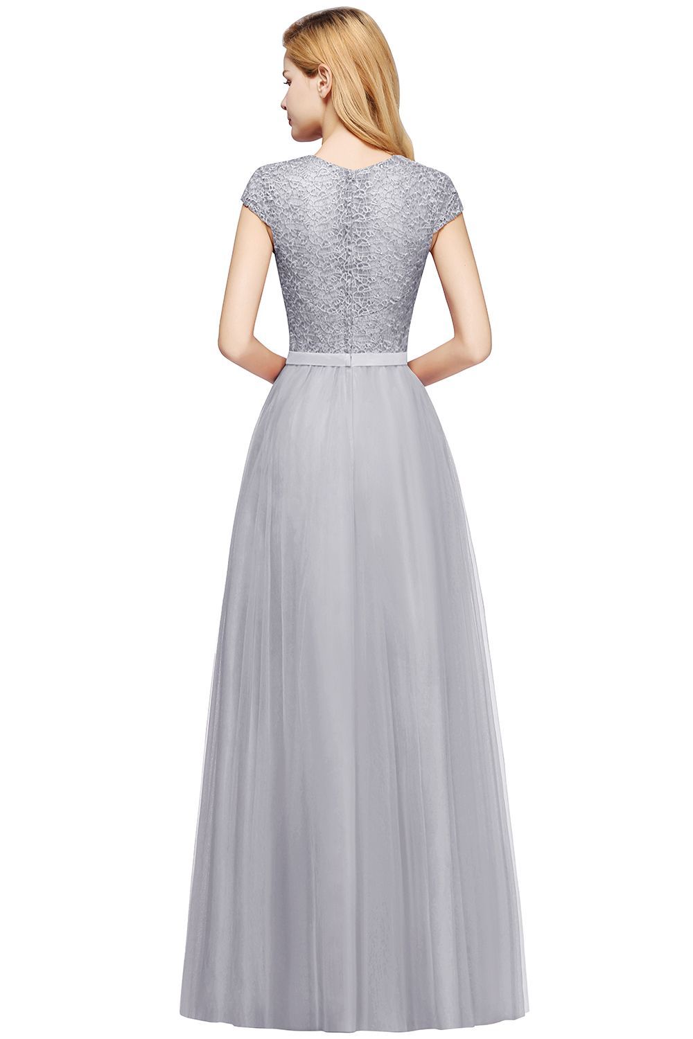 Long A-line Tulle Lace Bridesmaid Dress with Cap Sleeves - YESBABYONLINE